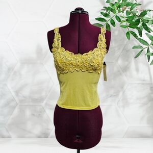 Fashque Vintage NWT Yellow Lace Trim Embroidered Tank Top Cami Sleeveless
